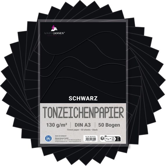 MarpaJansen Tonzeichenpapier Schwarz Matt, DIN A3, 50 Bogen, 130g/m² Blauer Engel zertifiziert