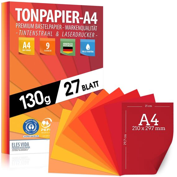 Tonpapier Rot Rubin Feuer Farben 27 Stück Purpur A4-130g Blätter – Bastel Bogen - Orange dicker als Tonkarton, Pappe zum Basteln, Zeichenkarton - BLAUER ENGEL & PEFC zertifiziert - MADE IN GERMANY