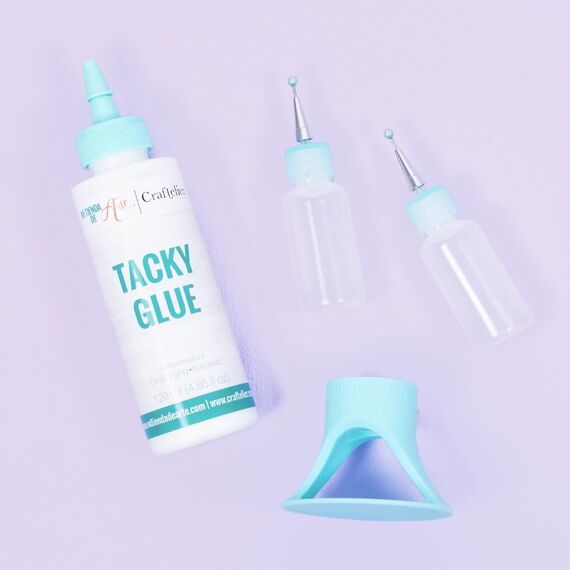 Craftelier - Klebeset für Scrapbooking und Basteln | Tacky Glue 120 ml + Klebestift Halter Türkis + 2 Flaschen mit Ultrafine Applikator 15 ml | Ungiftig und Mehrzweck-Kleber