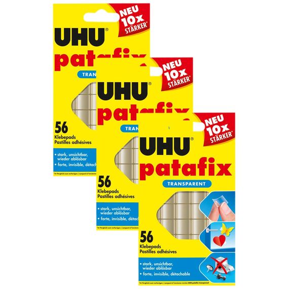 UHU Patafix transparent, Durchsichtige, doppelseitige Klebepads für schnelles und einfaches Befestigen und Fixieren, 56 Stück (Packung mit 3)