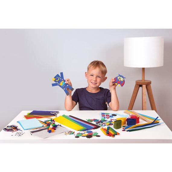 Lena 42715 Bastelkoffer Teile, Material zum Basteln mit Buntem Papier, Moosgummi, Pfeifenreiniger, Wackelaugen, Pompons, Eisstiele und mehr, für Kinder ab 5 Jahre, 400er Blau & Grün