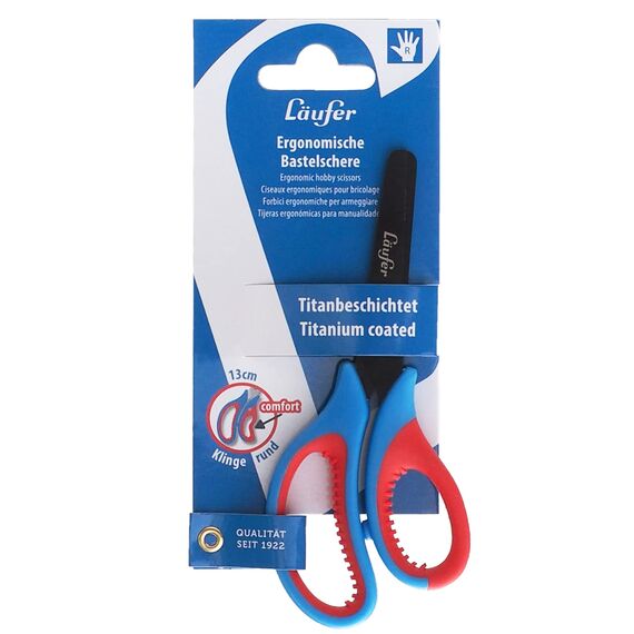 Läufer 87226 Ergonomische Bastelschere für Kinder, Schule ab 1. Klasse, rot/blau, für Rechtshänder, Schere mit runder Spitze