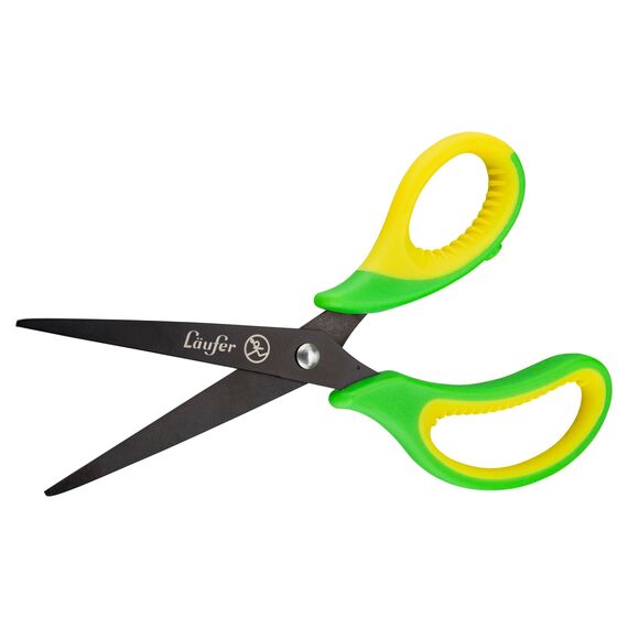 Läufer 87324 Ergonomische Bastelschere für Linkshänder, spitz, grün/gelb, Schulschere ab 1. Klasse