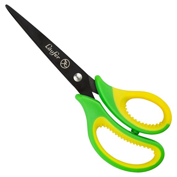 Läufer 87324 Ergonomische Bastelschere für Linkshänder, spitz, grün/gelb, Schulschere ab 1. Klasse