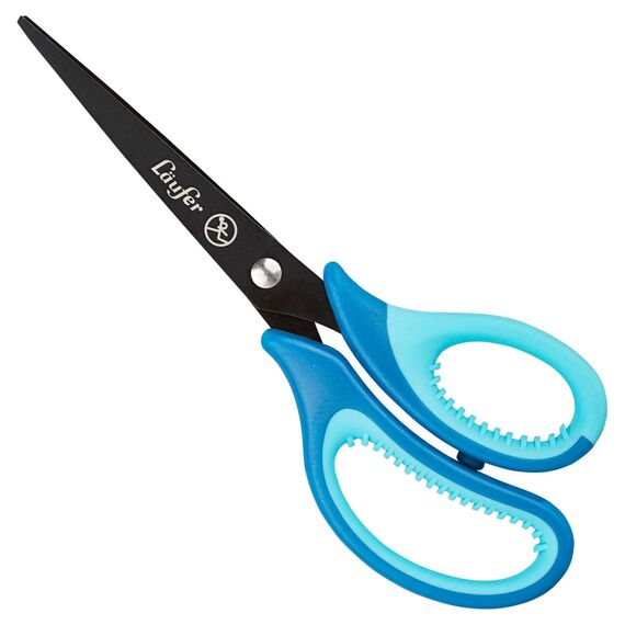 Läufer 87227 Ergonomische Schulschere, spitz, Schule ab 1. Klasse, dunkelblau/hellblau, Bastelschere für Rechtshänder