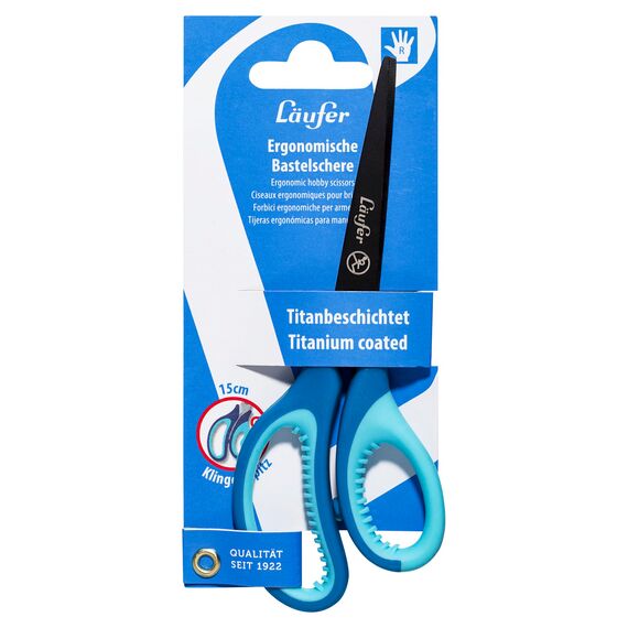 Läufer 87227 Ergonomische Schulschere, spitz, Schule ab 1. Klasse, dunkelblau/hellblau, Bastelschere für Rechtshänder