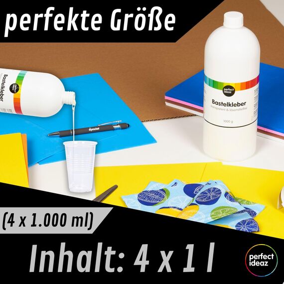 perfect ideaz – Bastelkleber 4 x 1.000 ml - transparent & lösungsmittelfrei - starker PVA Flüssigkleber für Papier, Pappe, Stoff, Filz - auswaschbar, ungiftig, Made in Germany, (4 Flaschen á 1 Liter)