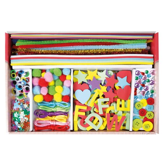 Lena Bastelkoffer mit 400 Teilen, Bastelset bestehend aus Papier, Moosgummi, Pfeifenreiniger, Strasssteine, Wackelaugen, Pompons und Knöpfe, Pink & Lila, geeignet für Kinder ab 5 Jahren