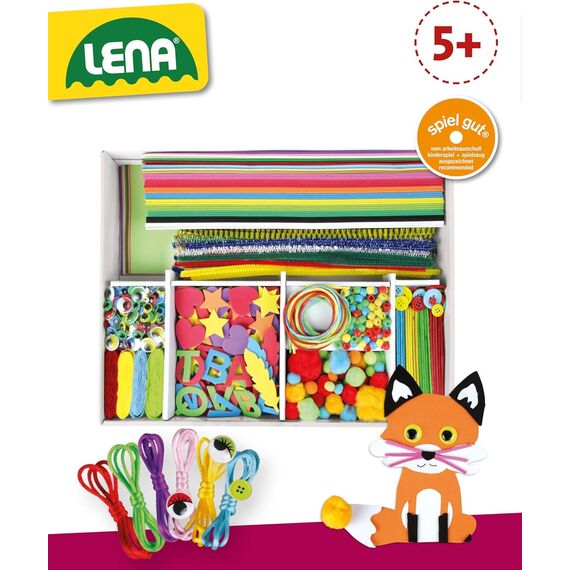 Lena Jumbo Bastelkoffer mit 800 Teilen, Bastelset bestehend aus Papier, Moosgummi, Pfeifenreiniger, Strasssteine, Wackelaugen, Pompons und Knöpfe, in bunten Farben, geeignet für Kinder ab 5 Jahren