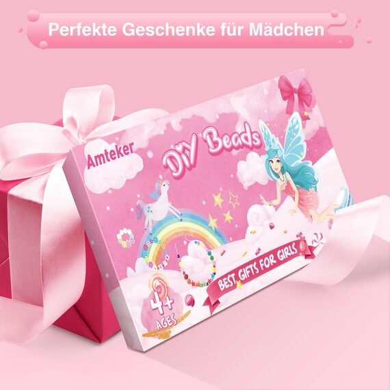 Amteker Geschenke für Mädchen, Perlen für Auffädeln DIY 24 Farben, Bastelset Kinder ab 4 6 Jahre, Armbänder Selber Machen, Basteln Mädchen Einhorn Geschenk 4-6-8 Jahre, Ostergeschenke Kinder Teenager