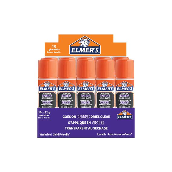 Elmer's lila Klebestift | trocknet klar | für den Schulbedarf & Bastelarbeiten | auswaschbar & kinderfreundlich | 22 g | 10 Stück
