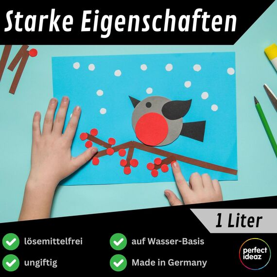 perfect ideaz – Bastelkleber 8 x 1.000 ml - transparent & lösungsmittelfrei - starker PVA Flüssigkleber für Papier, Pappe, Stoff, Filz - auswaschbar, ungiftig, Made in Germany (8 Flaschen á 1 Liter)