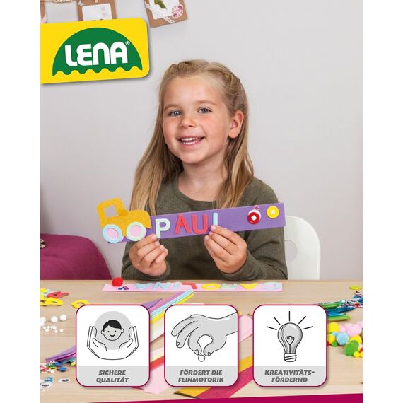 Lena Bastelkoffer mit 400 Teilen, Bastelset bestehend aus Papier, Moosgummi, Pfeifenreiniger, Strasssteine, Wackelaugen, Pompons und Knöpfe, Pink & Lila, geeignet für Kinder ab 5 Jahren