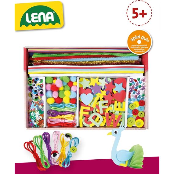 Lena Bastelkoffer mit 400 Teilen, Bastelset bestehend aus Papier, Moosgummi, Pfeifenreiniger, Strasssteine, Wackelaugen, Pompons und Knöpfe, Pink & Lila, geeignet für Kinder ab 5 Jahren