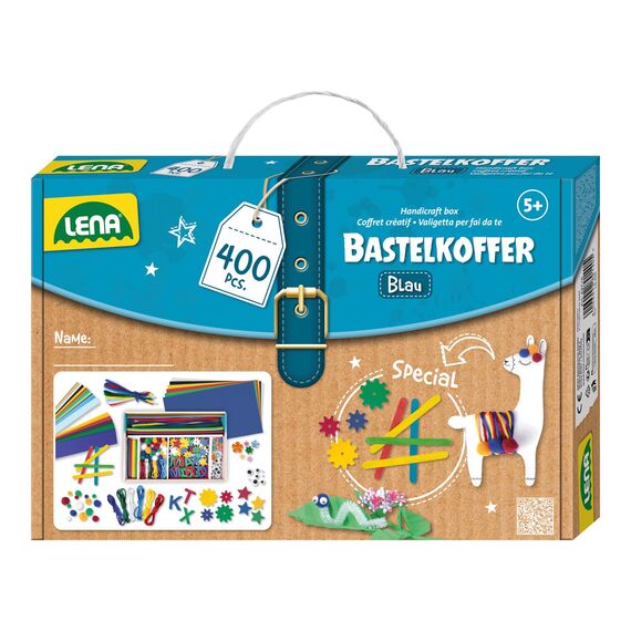 Lena 42715 Bastelkoffer Teile, Material zum Basteln mit Buntem Papier, Moosgummi, Pfeifenreiniger, Wackelaugen, Pompons, Eisstiele und mehr, für Kinder ab 5 Jahre, 400er Blau & Grün