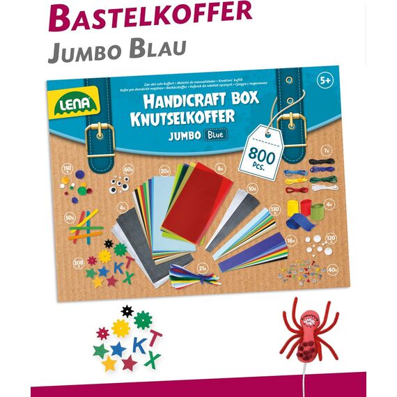 Lena 42665 - Jumbo Bastelkoffer mit 800 Teile in kräftigen Farben, Material zum Basteln, mit Moosgummi, Buntpapier, Pompon, Bänder, Kulleraugen, Holzstiele und vielem mehr, ab 5 Jahre, blau