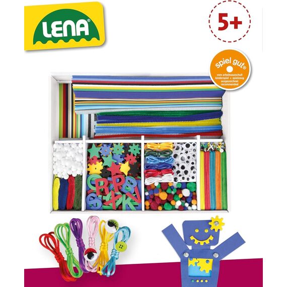 Lena 42665 - Jumbo Bastelkoffer mit 800 Teile in kräftigen Farben, Material zum Basteln, mit Moosgummi, Buntpapier, Pompon, Bänder, Kulleraugen, Holzstiele und vielem mehr, ab 5 Jahre, blau