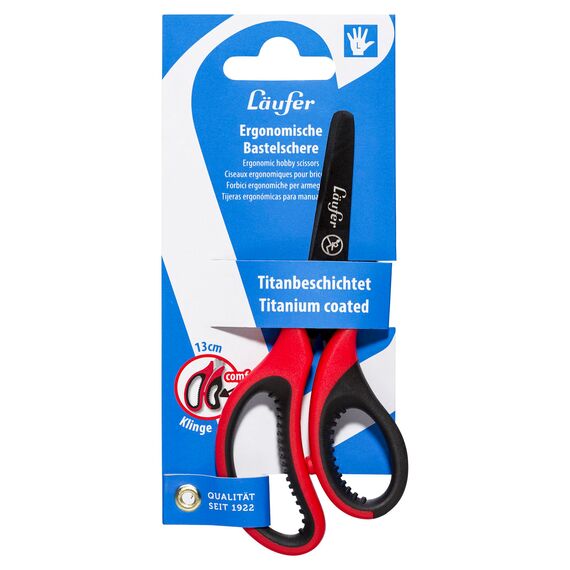Läufer 87321 Ergonomische Bastelschere für Linkshänder, rund, rot/schwarz, Schulschere ab 1. Klasse