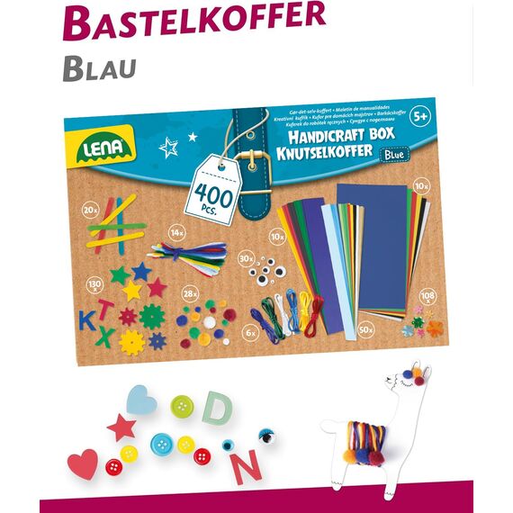 Lena 42715 Bastelkoffer Teile, Material zum Basteln mit Buntem Papier, Moosgummi, Pfeifenreiniger, Wackelaugen, Pompons, Eisstiele und mehr, für Kinder ab 5 Jahre, 400er Blau & Grün