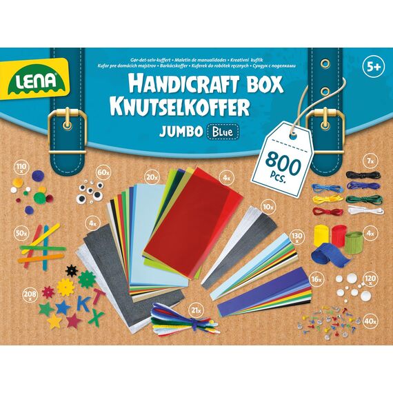 Lena 42665 - Jumbo Bastelkoffer mit 800 Teile in kräftigen Farben, Material zum Basteln, mit Moosgummi, Buntpapier, Pompon, Bänder, Kulleraugen, Holzstiele und vielem mehr, ab 5 Jahre, blau