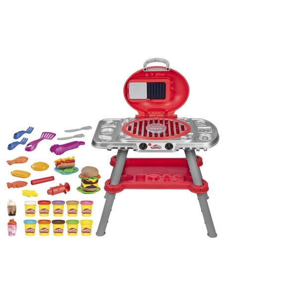 Play-Doh Grillparty Spielzeug, Grill-Station mit Formen, Accessoires und 6 Dosen Knete zum Basteln, Grillen und Kochen, Küchenspielzeug, Bastelset und spannende ab 3 Jahren