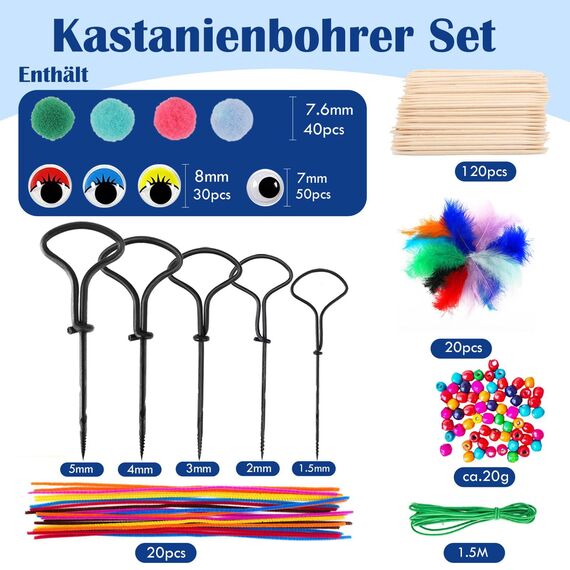 Gallop Chic Kastanienbohrer Bastelset Kastanien Bastelset, 287 tlg Kastanienmännchen DIY Set für Kinder, Handbohrer zum Basteln mit Kastanien