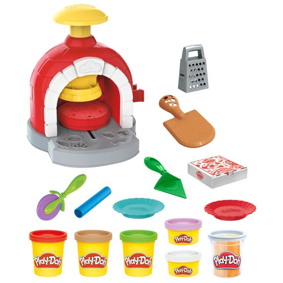 Play-Doh Kitchen Creations Pizzabäckerei, 4 x 57g Dosen und 2 x 28g Dosen Knetmasse, Bastel-Set mit Küche und Werkzeuge zum Backen und kreativen Spielen, für Kinder ab 3 Jahren