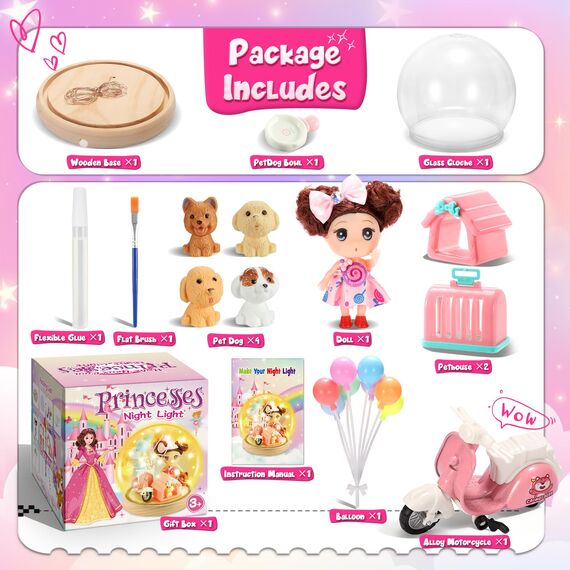 HappyGoLucky DIY Prinzessin Bastelset Kinder - Mädchen Spielzeug Geschenk ab 3-10 Jahre - DIY Nachtlicht Kinder - Sockel aus Holz - mit 15+ Zubehörteilen, Personalisierbares Schlafzimmerlicht