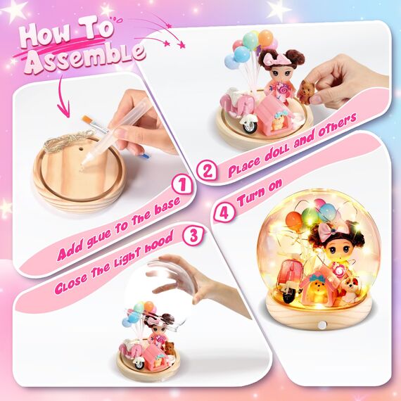 HappyGoLucky DIY Prinzessin Bastelset Kinder - Mädchen Spielzeug Geschenk ab 3-10 Jahre - DIY Nachtlicht Kinder - Sockel aus Holz - mit 15+ Zubehörteilen, Personalisierbares Schlafzimmerlicht