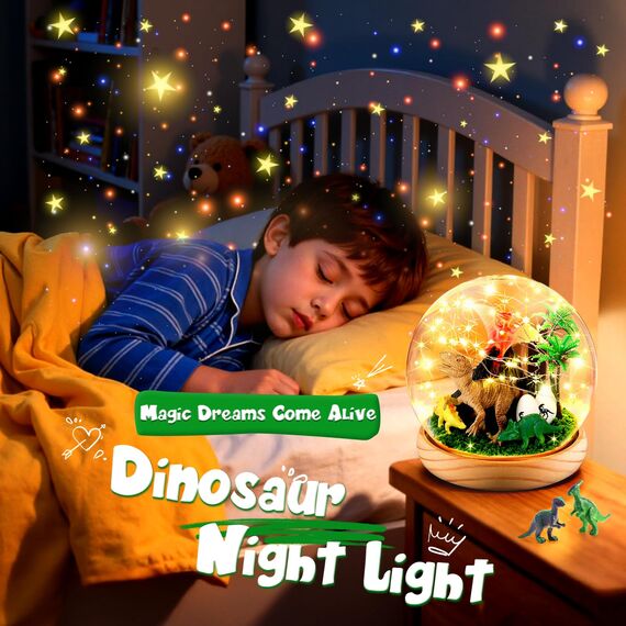 HappyGoLucky DIY Bastelset Kinder - Dinosaurier Spielzeug Geschenk für Jungen ab 3-10 Jahre - Personalisierbares Nachtlicht Kinder - Sockel aus Holz - mit 15+ Zubehörteilen [Großformat]