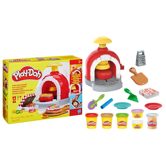 Play-Doh Kitchen Creations Pizzabäckerei, 4 x 57g Dosen und 2 x 28g Dosen Knetmasse, Bastel-Set mit Küche und Werkzeuge zum Backen und kreativen Spielen, für Kinder ab 3 Jahren