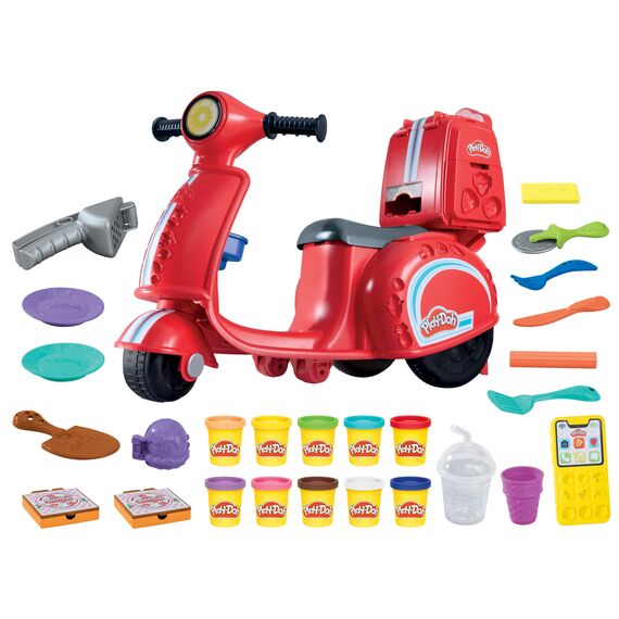 Play-Doh Pizza-Lieferspaß, Scooter und Spielküche, 10 Dosen Knetmasse zum Pizza Backen, Bastel-Set inklusive vieler Accessoires und Werkzeuge, kreative für Kinder ab 3 Jahren
