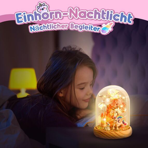 HappyGoLucky Bastelset Kinder - Einhorn Mädchen Spielzeug Geschenk ab 3-10 Jahre - DIY Nachtlicht Kinder - Sockel aus Holz - mit 10+ Zubehörteilen, Personalisierbares Schlafzimmerlicht