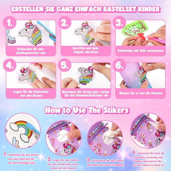 Einhorn Geschenke für Mädchen 5 6 7 8 9 Jahre: Trinkflasche Bastelset Kinder ab 6 8 10 11 12 Jahre DIY Wasserflasche Basteln Diamond Painting Kinder Weihnachtsgeschenke Spielzeug Mädchen 4-12 Jahre