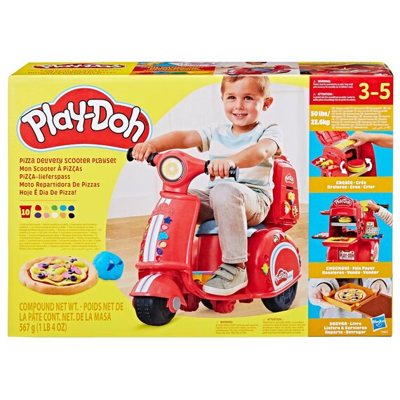Play-Doh Pizza-Lieferspaß, Scooter und Spielküche, 10 Dosen Knetmasse zum Pizza Backen, Bastel-Set inklusive vieler Accessoires und Werkzeuge, kreative für Kinder ab 3 Jahren