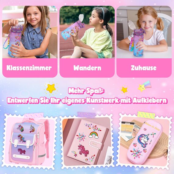 Einhorn Geschenke für Mädchen 5 6 7 8 9 Jahre: Trinkflasche Bastelset Kinder ab 6 8 10 11 12 Jahre DIY Wasserflasche Basteln Diamond Painting Kinder Weihnachtsgeschenke Spielzeug Mädchen 4-12 Jahre