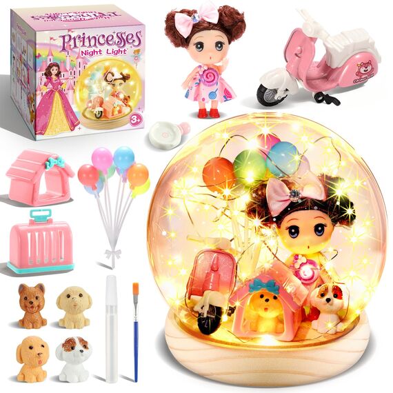 HappyGoLucky DIY Prinzessin Bastelset Kinder - Mädchen Spielzeug Geschenk ab 3-10 Jahre - DIY Nachtlicht Kinder - Sockel aus Holz - mit 15+ Zubehörteilen, Personalisierbares Schlafzimmerlicht