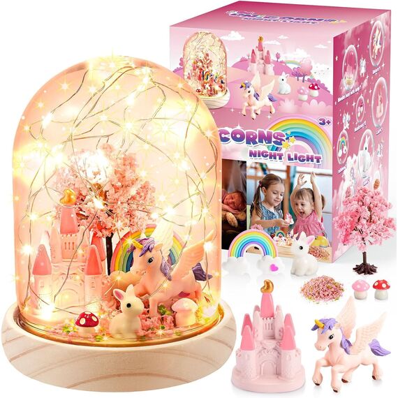 HappyGoLucky Bastelset Kinder - Einhorn Mädchen Spielzeug Geschenk ab 3-10 Jahre - DIY Nachtlicht Kinder - Sockel aus Holz - mit 10+ Zubehörteilen, Personalisierbares Schlafzimmerlicht