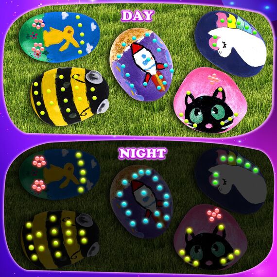 Steine zum Bemalen, Bastelset Kinder ab 5 6 7 8 9 10 Jahre Geschenk Mädchen 6-12 Jahren Basteln Mädchen 6-9 Jahre Ostern Geschenk 12 Stück Steine Bemalen Set mit 20 Farben(Farbe Leuchtet Im Dunkel)