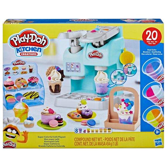 Play-Doh Kitchen Creations Knetspaß Café, Bastel-Set mit Spielzeug-Kaffeemaschine mit 20 Accessoires und 8 Dosen zweifarbige Knete, kreatives für Kinder ab 3 Jahren