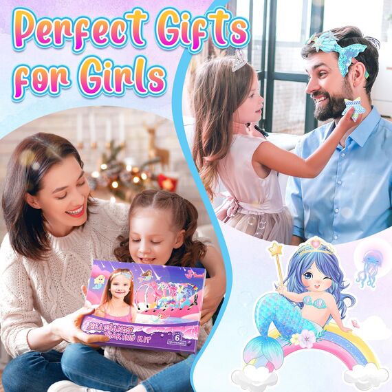 Pourbibi Haarreifen Mädchen, Meerjungfrau Geschenk mädchen 5 Jahre, Haarreifen Selber Machen Basteln Madchen, Geburtstagsgeschenk, Haarschmuck bastelset madchen Kinder ab 5 6 7 8 9 10 11 12 Jahre