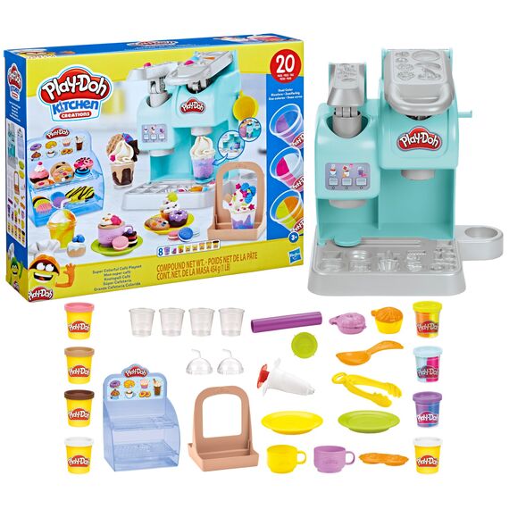 Play-Doh Kitchen Creations Knetspaß Café, Bastel-Set mit Spielzeug-Kaffeemaschine mit 20 Accessoires und 8 Dosen zweifarbige Knete, kreatives für Kinder ab 3 Jahren