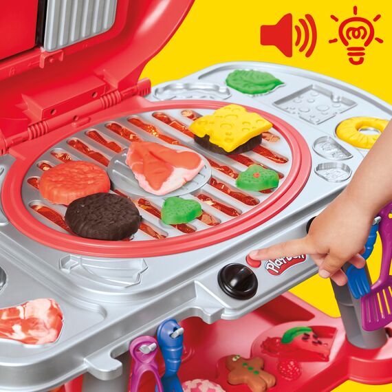 Play-Doh Grillparty Spielzeug, Grill-Station mit Formen, Accessoires und 6 Dosen Knete zum Basteln, Grillen und Kochen, Küchenspielzeug, Bastelset und spannende ab 3 Jahren