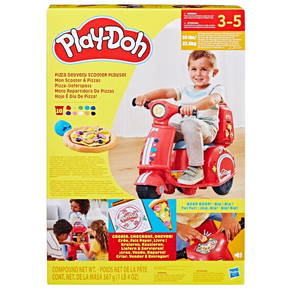 Play-Doh Pizza-Lieferspaß, Scooter und Spielküche, 10 Dosen Knetmasse zum Pizza Backen, Bastel-Set inklusive vieler Accessoires und Werkzeuge, kreative für Kinder ab 3 Jahren