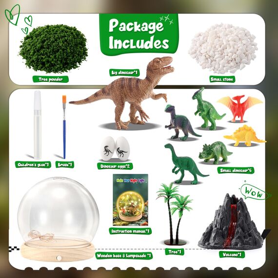 HappyGoLucky DIY Bastelset Kinder - Dinosaurier Spielzeug Geschenk für Jungen ab 3-10 Jahre - Personalisierbares Nachtlicht Kinder - Sockel aus Holz - mit 15+ Zubehörteilen [Großformat]