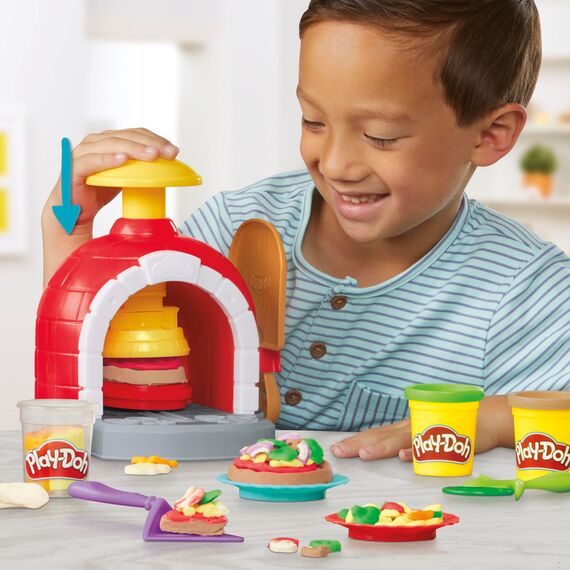 Play-Doh Kitchen Creations Pizzabäckerei, 4 x 57g Dosen und 2 x 28g Dosen Knetmasse, Bastel-Set mit Küche und Werkzeuge zum Backen und kreativen Spielen, für Kinder ab 3 Jahren