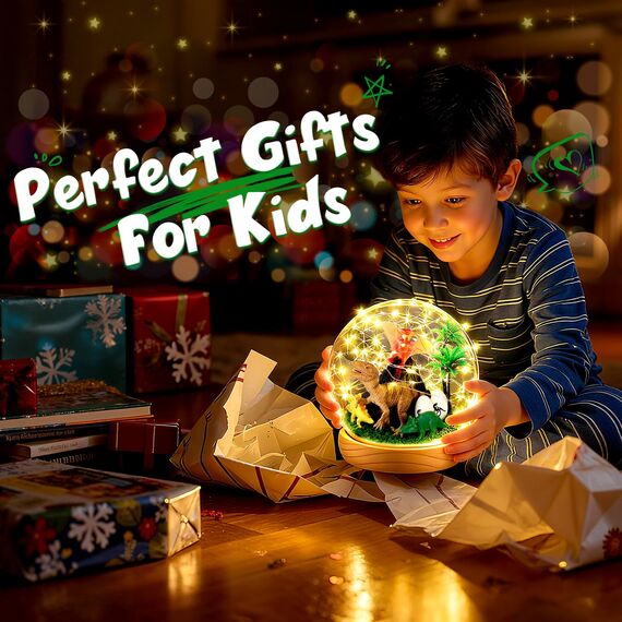 HappyGoLucky DIY Bastelset Kinder - Dinosaurier Spielzeug Geschenk für Jungen ab 3-10 Jahre - Personalisierbares Nachtlicht Kinder - Sockel aus Holz - mit 15+ Zubehörteilen [Großformat]