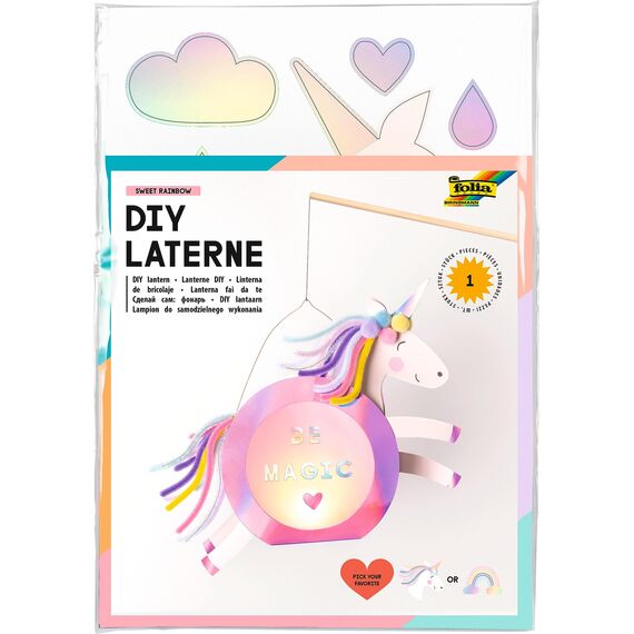 folia 94202 - Laternen Bastelset SWEET RAINBOW, ca. 10 x 23 x 33 cm - Bastelmaterial für eine Laterne, gestaltbar als Einhorn oder Regenbogen