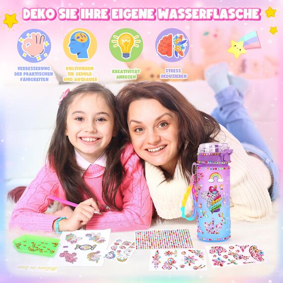 Einhorn Geschenke für Mädchen 5 6 7 8 9 Jahre: Trinkflasche Bastelset Kinder ab 6 8 10 11 12 Jahre DIY Wasserflasche Basteln Diamond Painting Kinder Weihnachtsgeschenke Spielzeug Mädchen 4-12 Jahre