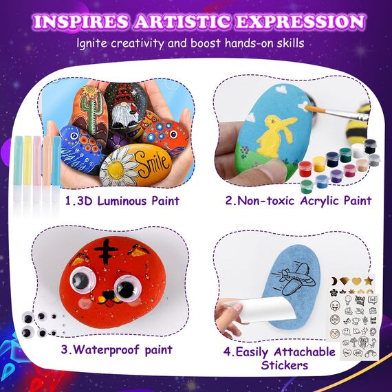 Steine zum Bemalen, Bastelset Kinder ab 5 6 7 8 9 10 Jahre Geschenk Mädchen 6-12 Jahren Basteln Mädchen 6-9 Jahre Ostern Geschenk 12 Stück Steine Bemalen Set mit 20 Farben(Farbe Leuchtet Im Dunkel)